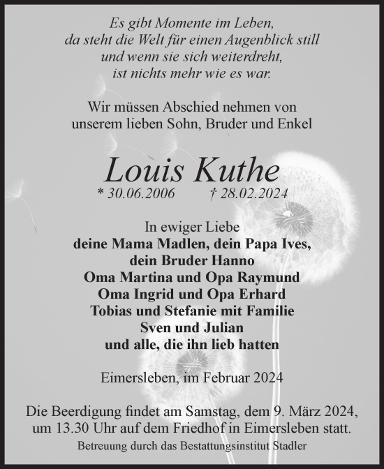 Traueranzeige von Louis Kuthe von Volksstimme Haldensleben/Wolmirstedt