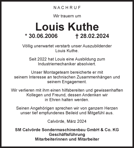 Traueranzeige von Louis Kuthe von Volksstimme Haldensleben/Wolmirstedt