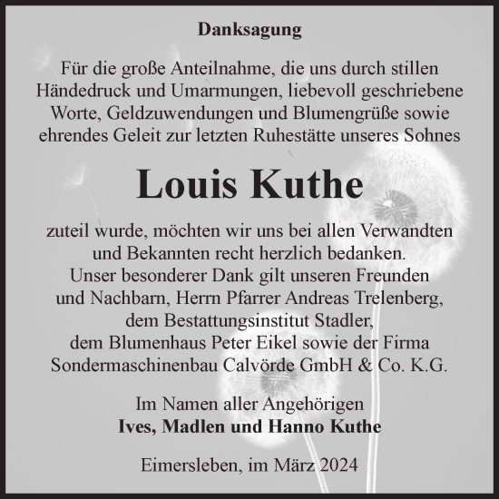 Traueranzeige von Louis Kuthe von Volksstimme Haldensleben/Wolmirstedt