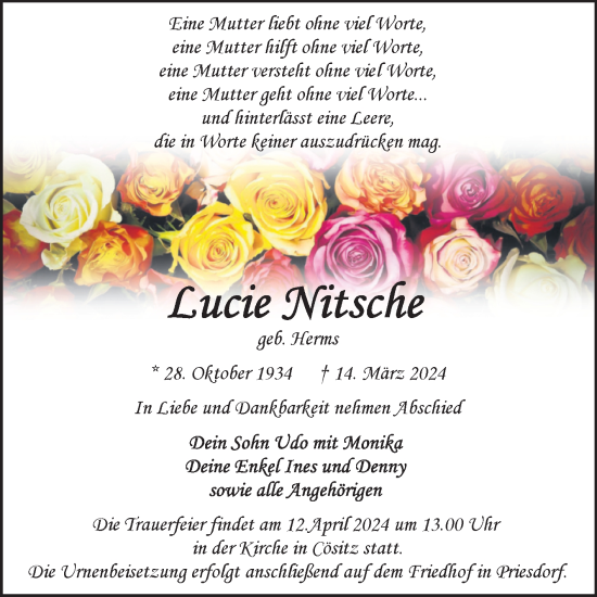 Traueranzeige von Lucie Nietsche von Trauerkombi Bitterfeld