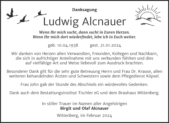 Traueranzeige von Ludwig Alcnauer von Trauerkombi Wittenberg