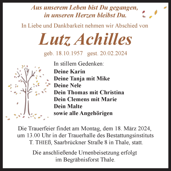 Traueranzeige von Lutz Achilles von Volksstimme Halberstadt