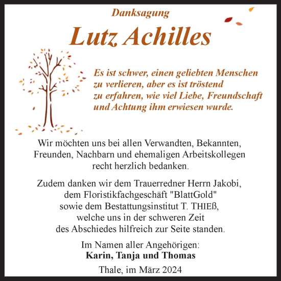 Traueranzeige von Lutz Achilles von Volksstimme Halberstadt