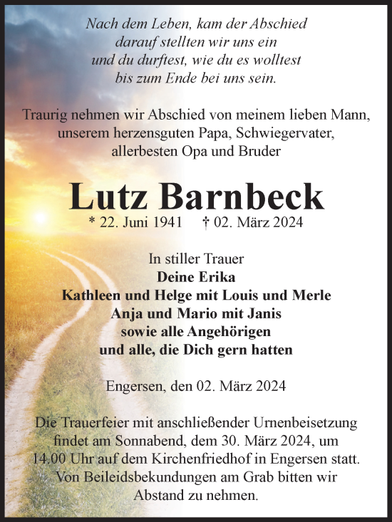 Traueranzeige von Lutz Barnbeck von Volksstimme Altmark West