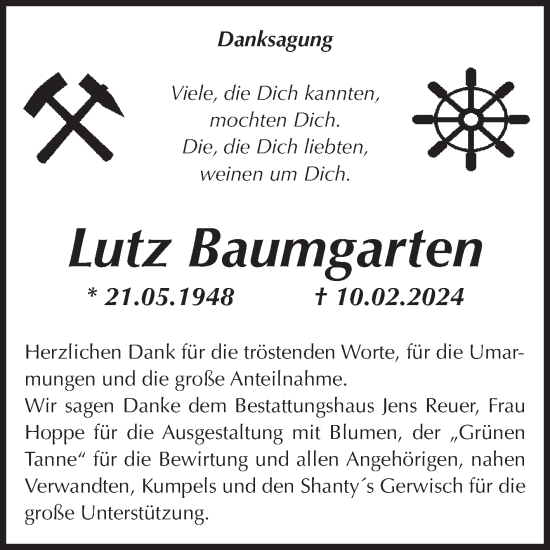 Traueranzeige von Lutz Baumgarten von Volksstimme Burg/Genthin