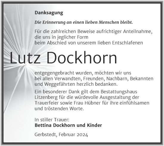 Traueranzeige von Lutz Dockhorn von Trauerkombi Mansfelder Land