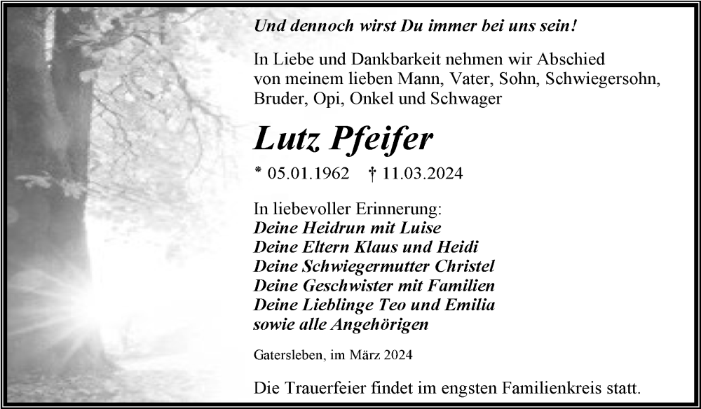  Traueranzeige für Lutz Pfeifer vom 23.03.2024 aus Trauerkombi Aschersleben