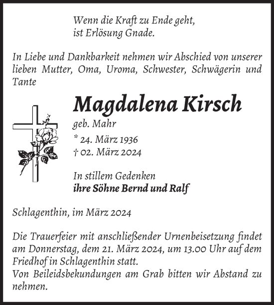 Traueranzeige von Magdalena Kirsch von Volksstimme Burg/Genthin