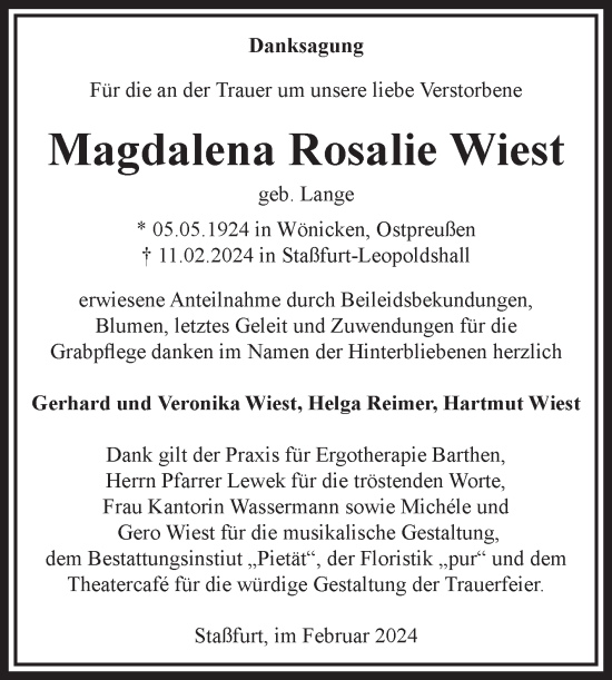 Traueranzeige von Magdalena Rosalie Wiest von Volksstimme Staßfurt