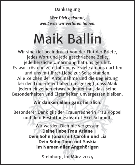 Traueranzeige von Maik Ballin von Super Sonntag Naumburg/Nebra
