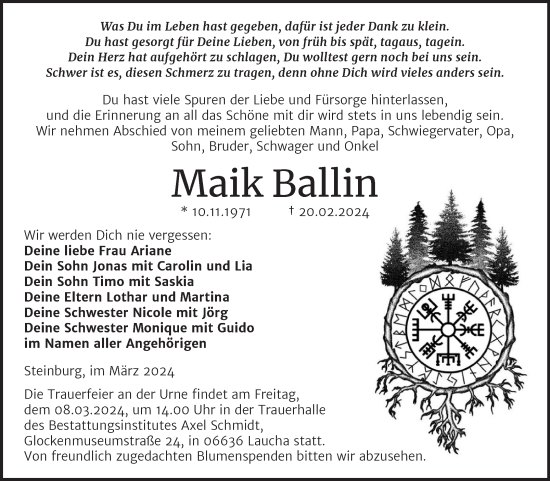 Traueranzeige von Maik Ballin von Super Sonntag Naumburg/Nebra