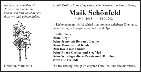 Traueranzeige von Maik Schönfeld von Volksstimme Zerbst