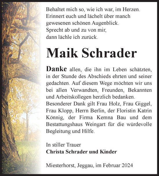 Traueranzeige von Maik Schrader von Volksstimme Altmark West