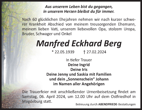 Traueranzeige von Manfred  Berg von Volksstimme Magdeburg