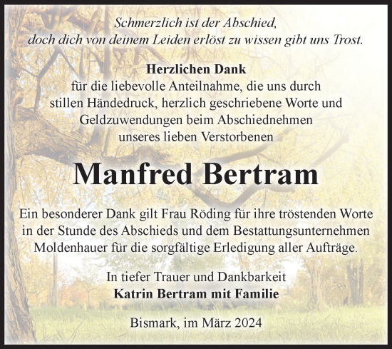 Traueranzeige von Manfred Bertram von Volksstimme Altmark Ost