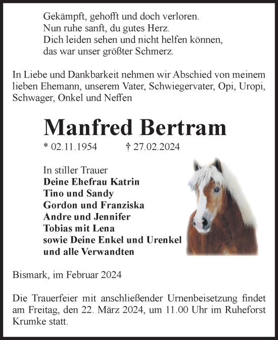 Traueranzeige von Manfred Bertram von Volksstimme Altmark Ost