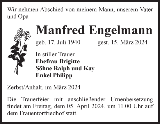 Traueranzeige von Manfred Engelmann von Volksstimme Zerbst