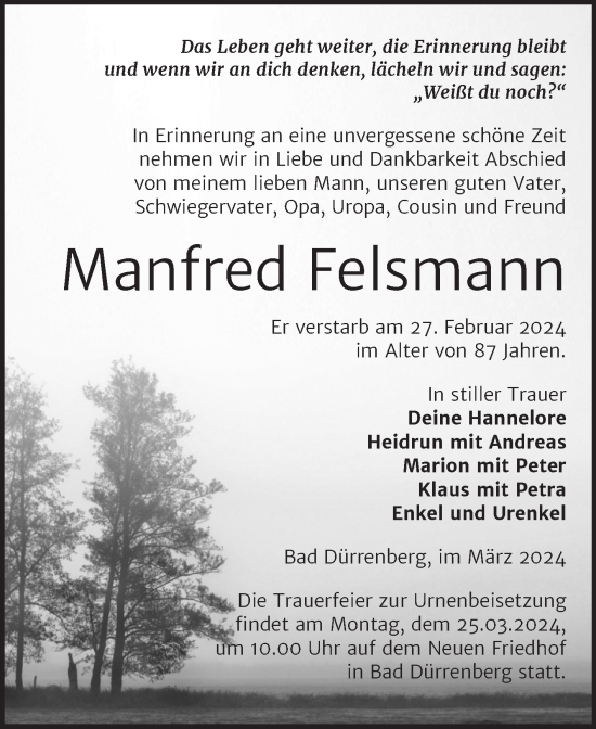 Traueranzeige von Manfred Felsmann von Trauerkombi Merseburg