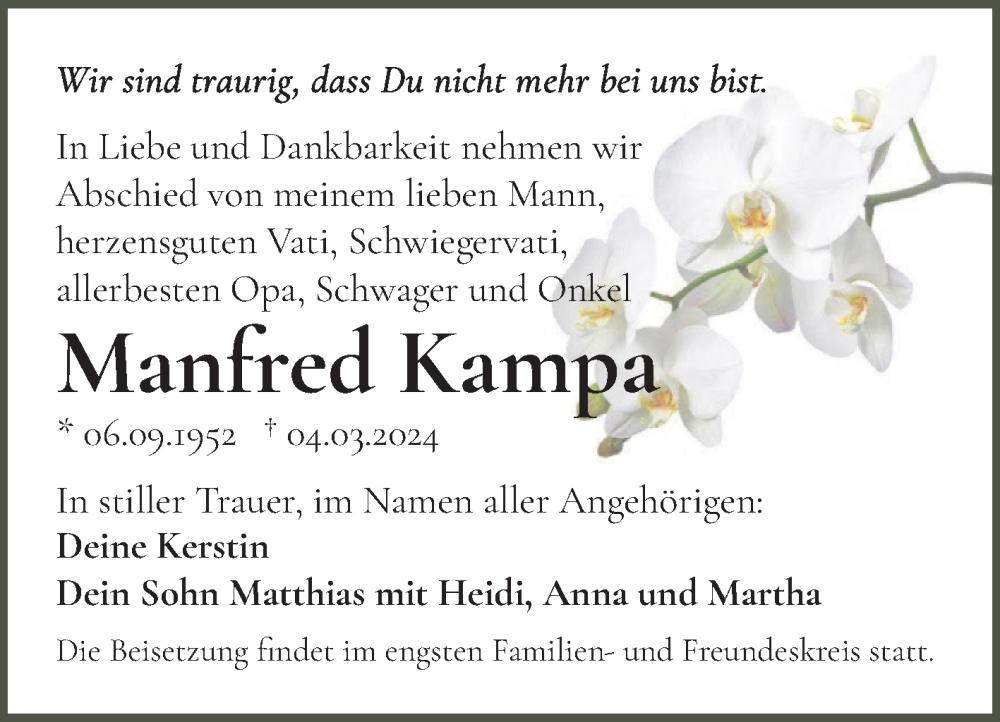 Traueranzeige für Manfred Kampa vom 09.03.2024 aus Mitteldeutsche Zeitung Halle/Saalkreis