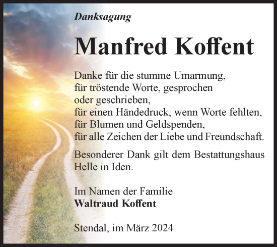 Traueranzeige von Manfred Koffent von Volksstimme Altmark Ost