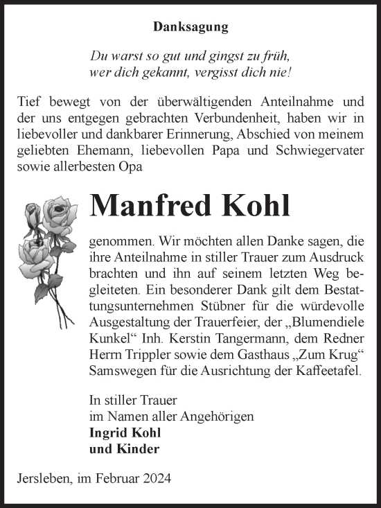 Traueranzeige von Manfred Kohl von Volksstimme Haldensleben/Wolmirstedt