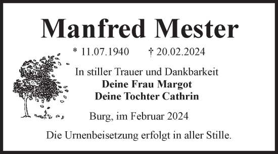 Traueranzeige von Manfred Mester von Volksstimme Burg/Genthin