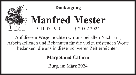 Traueranzeige von Manfred Mester von Volksstimme Burg/Genthin