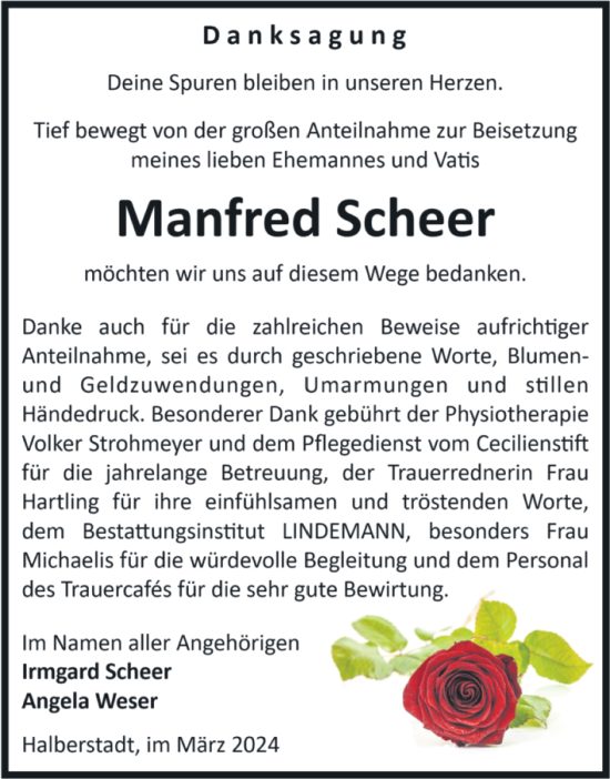 Traueranzeige von Manfred Scheer von Volksstimme Halberstadt