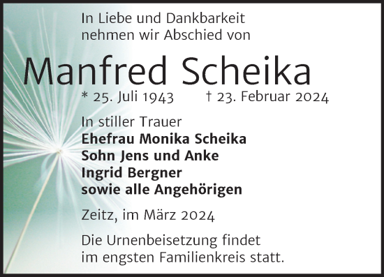 Traueranzeige von Manfred Scheika von Trauerkombi Zeitz