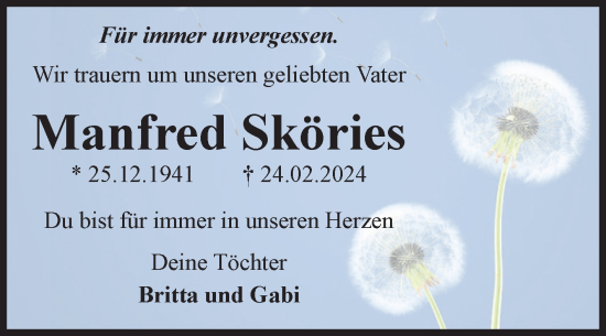 Traueranzeige von Manfred Sköries von Volksstimme Altmark Ost