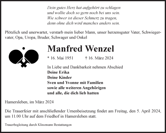 Traueranzeige von Manfred Wenzel von Volksstimme Oschersleben/Wanzleben