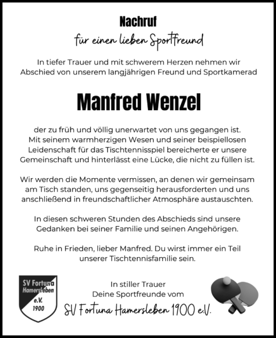 Traueranzeige von Manfred Wenzel von Volksstimme Oschersleben/Wanzleben