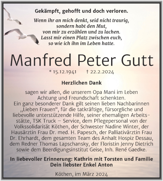Traueranzeige von Manfred Peter Gutt von Trauerkombi Köthen
