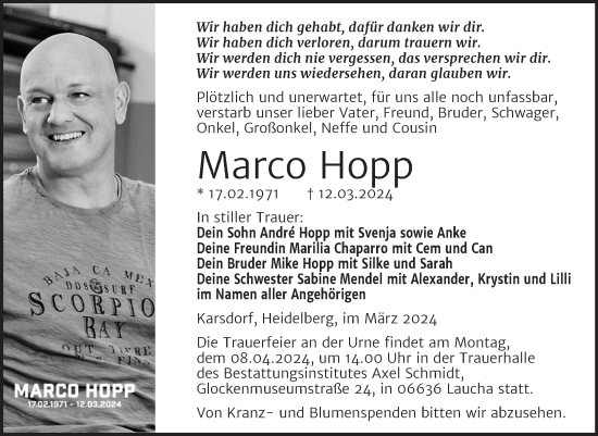 Traueranzeige von Marco Hopp von Super Sonntag Naumburg/Nebra