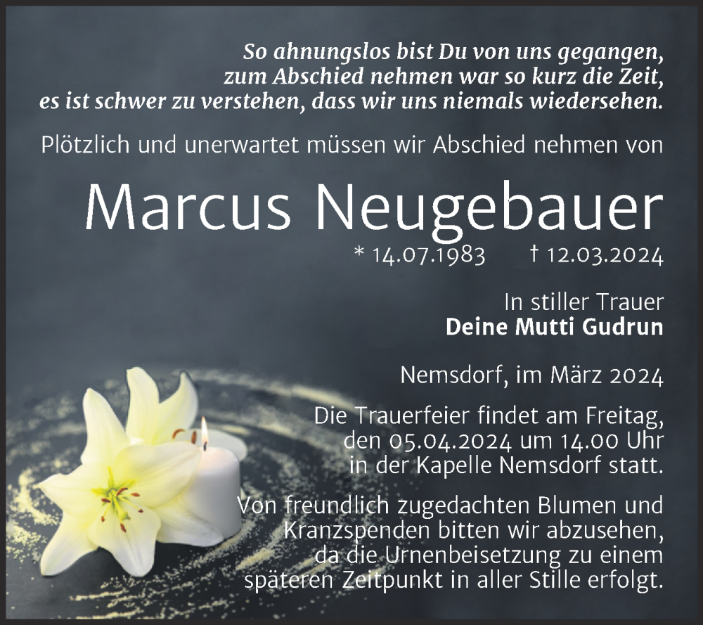  Traueranzeige für Marcus Neugebauer vom 23.03.2024 aus Trauerkombi Merseburg