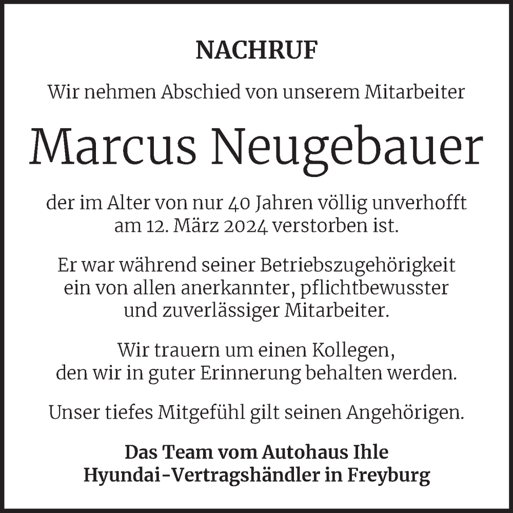  Traueranzeige für Marcus Neugebauer vom 23.03.2024 aus Super Sonntag Merseburg/Querfurt