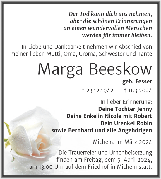 Traueranzeige von Marga Beeskow von Trauerkombi Köthen