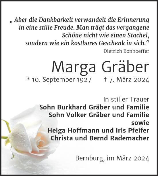 Traueranzeige von Marga Gräber von Trauerkombi Bernburg