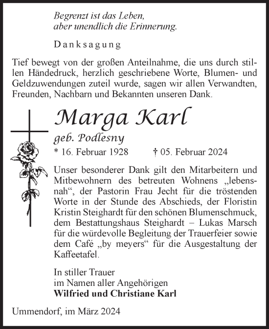 Traueranzeige von Marga Karl von Volksstimme Oschersleben/Wanzleben