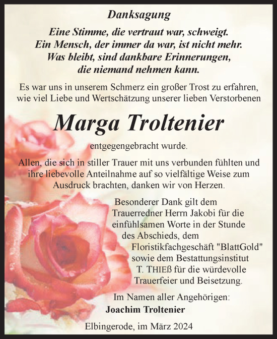 Traueranzeige von Marga Troltenier von Volksstimme Wernigerode