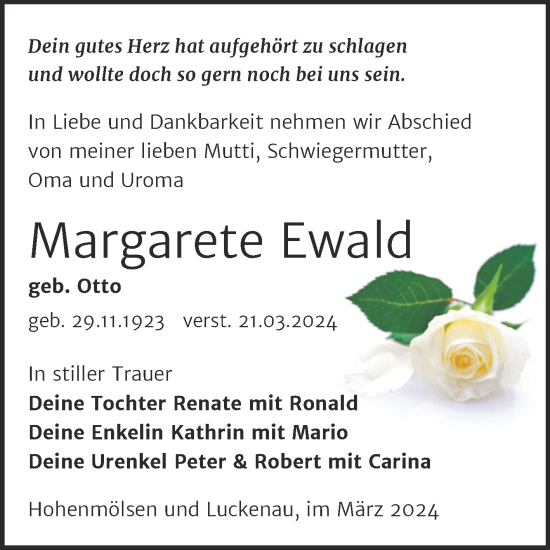 Traueranzeige von Margarete Ewald von Trauerkombi Zeitz