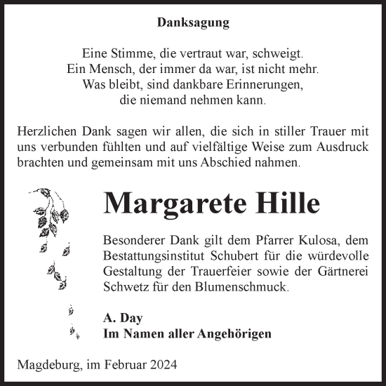 Traueranzeige von Margarete Hille von Volksstimme Magdeburg