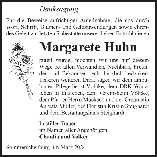 Traueranzeige von Margarete Huhn von Volksstimme Oschersleben/Wanzleben