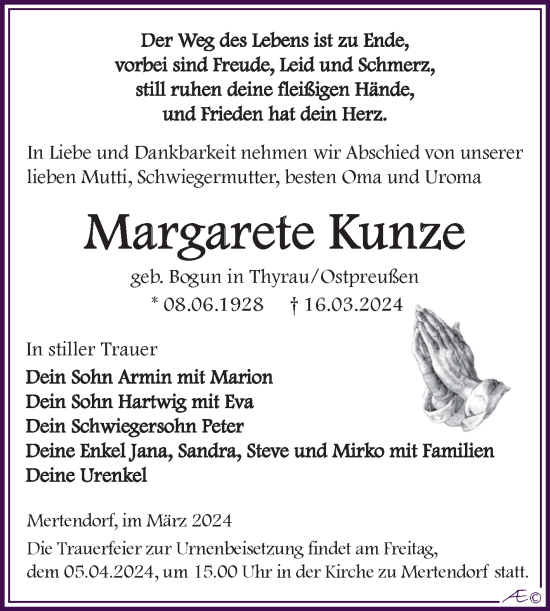 Traueranzeige von Margarete Kunze von Naumburger Tageblatt