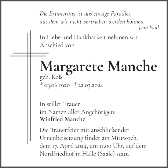 Traueranzeige von Margarete Manche von Mitteldeutsche Zeitung Halle/Saalkreis