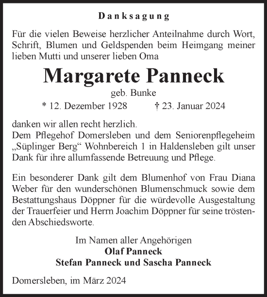 Traueranzeige von Margarete Panneck von Volksstimme Oschersleben/Wanzleben