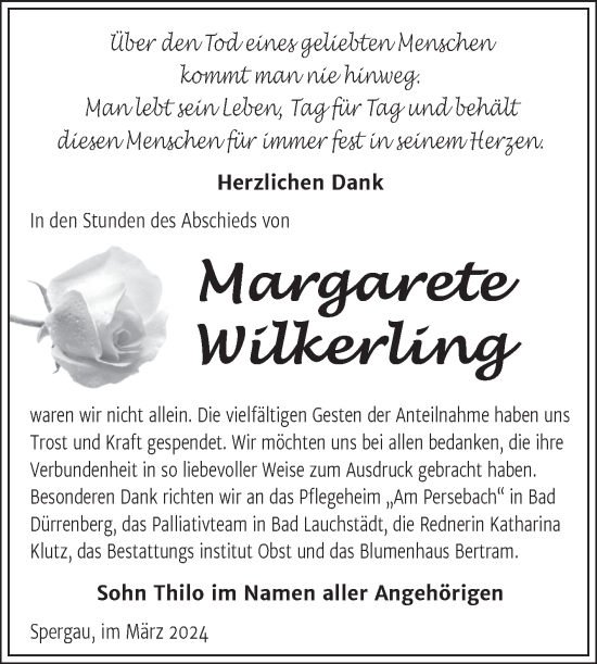 Traueranzeige von Margarete Wilkerling von Trauerkombi Merseburg