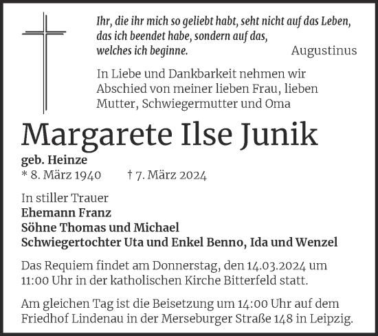 Traueranzeige von Margarete Ilse Junik von Mitteldeutsche Zeitung Bitterfeld
