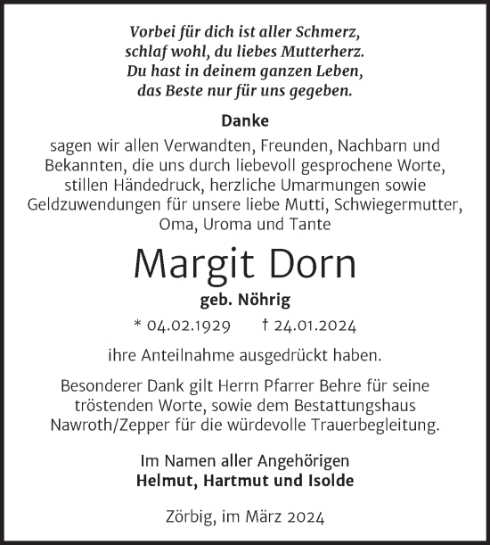 Traueranzeige von Margit Dorn von Trauerkombi Bitterfeld
