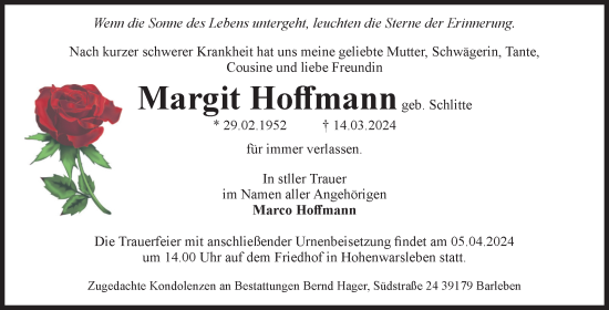 Traueranzeige von Margit Hoffmann von Volksstimme Haldensleben/Wolmirstedt